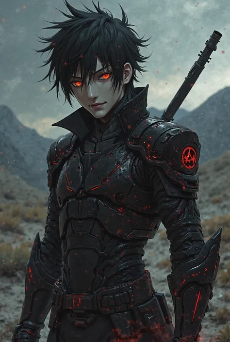  Hajime Nagumo by Arifureta , with a cold expression and reddish eyes, scars visible on his body, dark and futuristic armor with intimidating details, holding his Demon gun in a desolate and bleak landscape, faint lighting with dramatic shadows, dark aura ...