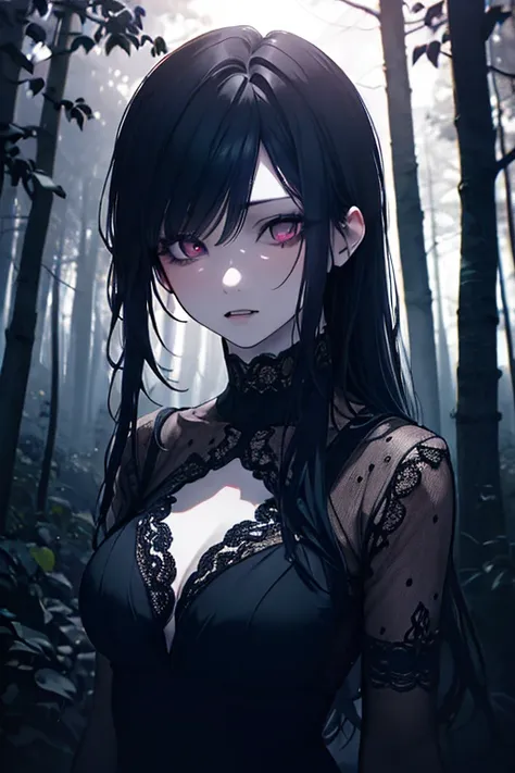 a beautiful young woman, dark long hair, glowing eyes, sharp fangs, pale skin, elegant gothic lace dress, dark and mysterious forest background, moonlight shining through trees, dramatic lighting, dark moody colors, cinematic composition, surreal and super...