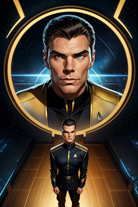 A portrait of "Star Trek's" Christopher Pike whose facial features are a combo of Anson Mount + Bruce Greenwood + Jeffrey Hunter. Pike wears a TOS-style Starfleet uniform consisting of a gold shirt and black pants and black boots. "Star Trek" setting. Symm...