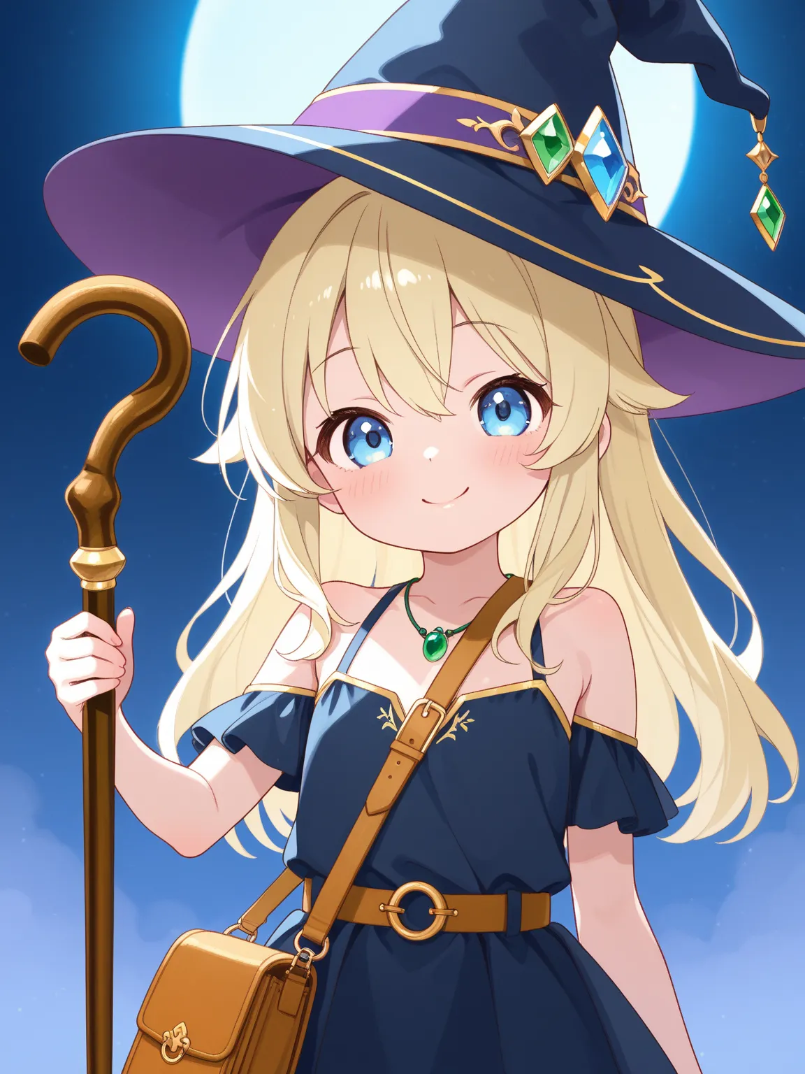 cute girl、delicate、 flat chest、 The Wizard Girl、A cane whose tip shines brilliantly with a jewel、The cane is held high、Shoulder bag、 witch hat 、Jade Necklace、Motivational Smile、 moonlight night 、high resolution, TOP QUALITY, is anatomically correct, 