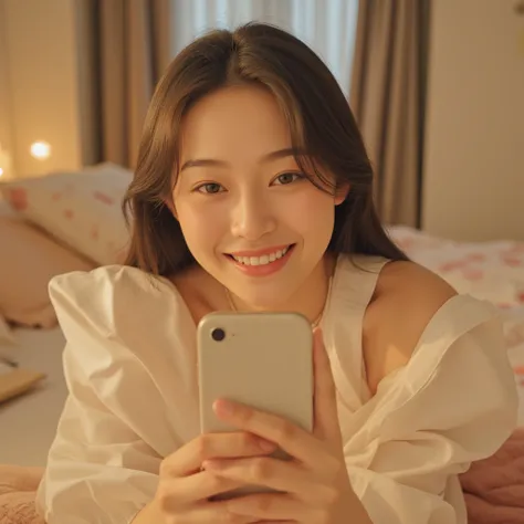 A charming 20-something cute super sexy Japanese person taking a self-portrait in their cozy bedroom mirror, capturing a stunning and intimate moment. They are dressed fashionably in warm colors such as soft white, wearing a revealing yet elegant outfit th...