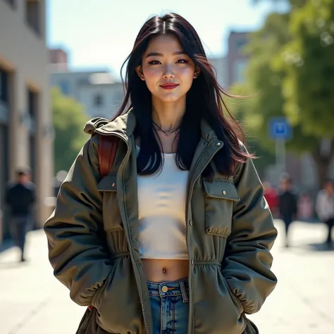 (best quality,4k,8k,highres,masterpiece:1.2),ultra-detailed, Korean Goddess Eopsin as a college student, Woman of Korean decent, black hair, rich girl, bulky jacket with many pockets, carrying a large purse with many pockets, Arrogant smile on her face, lo...