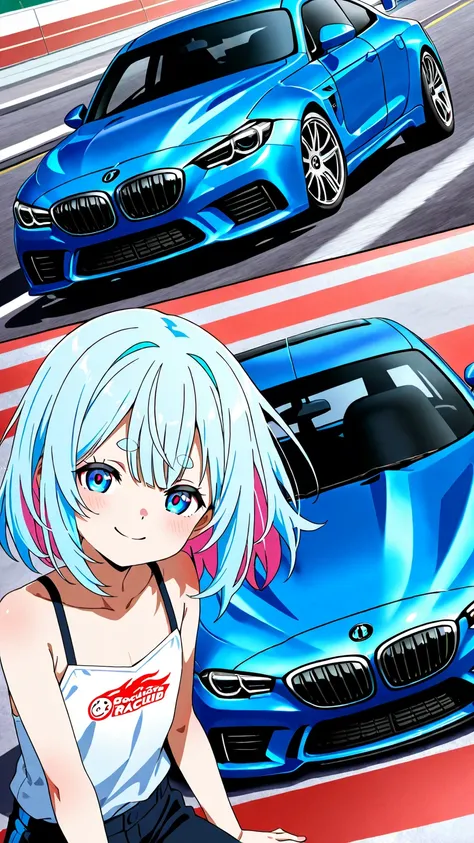 (Japanese anime style), Alone femmes, light skin、(multicolored hair, lightblue_hair,)、Very short eyebrows,   sales smile  、( flat chested)、Simple rabbit 、BMW car, racing tracks, Sprinting