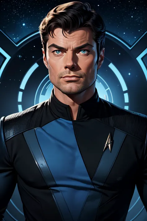 A portrait of "Star Trek's" Leonard "Bones" McCoy whose facial features are a combo of Karl Urban + DeForest Kelly. McCoy wears his TOS Starfleet uniform consisting of a blue shirt and black pants and black boots. "Star Trek" setting. Symmetrical eyes. Sym...