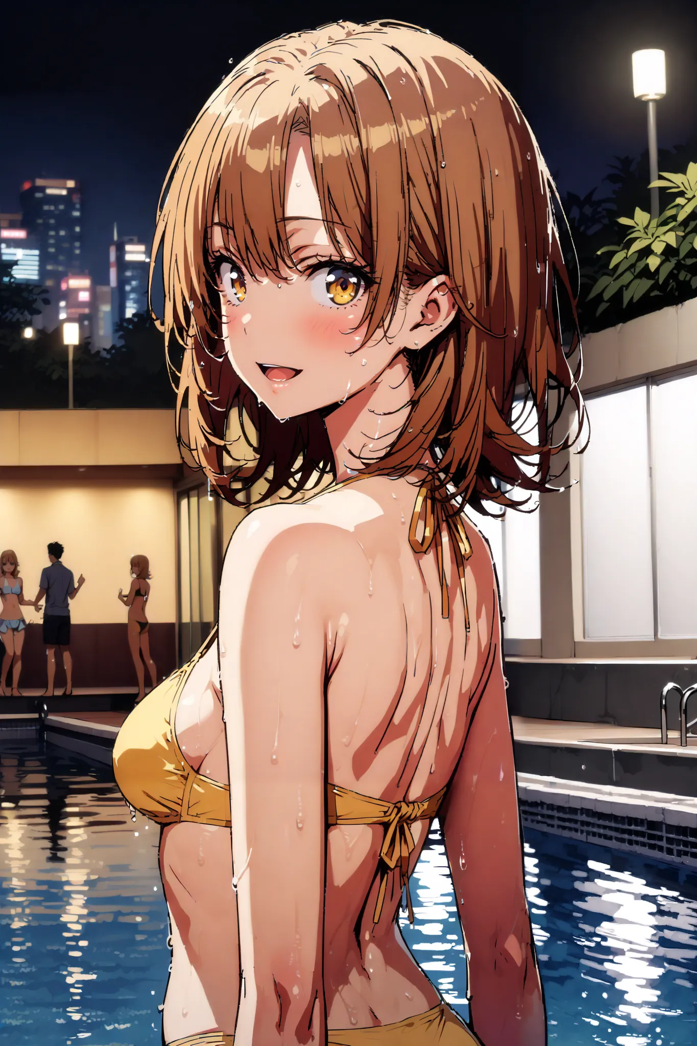 Irohaisshiki, Isshiki Iroha ,  short hair, brown hair on both arms, brown eyes,smile,blush, open your mouth, look back,Medium breast, Chest Valley,Yellow string bikini swimsuit,Bare legs, half up do,wet skin, wet hair, wet swimsuit ,standing,night,ナイト pool...