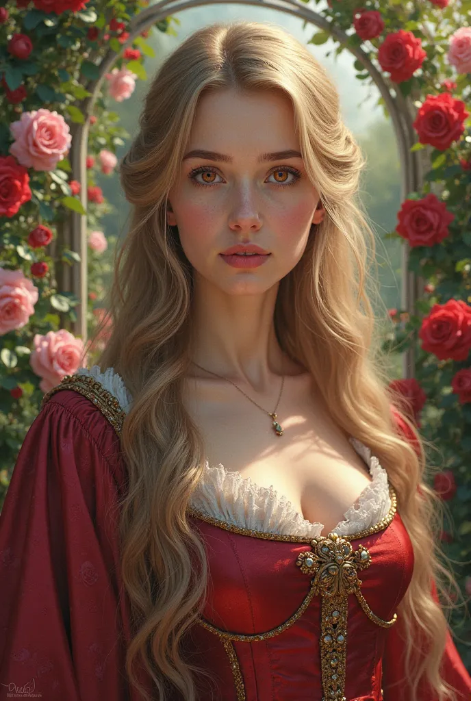 A beautiful woman dressed in medieval clothing with beautiful blond hair and scarlet eyes in the background of a beautiful rose garden