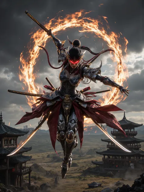 Samurai Woman，Skillfully used a double sword，Flame ring，Red-red Eyes，floating in the air，Historical Battlefield，martial arts。