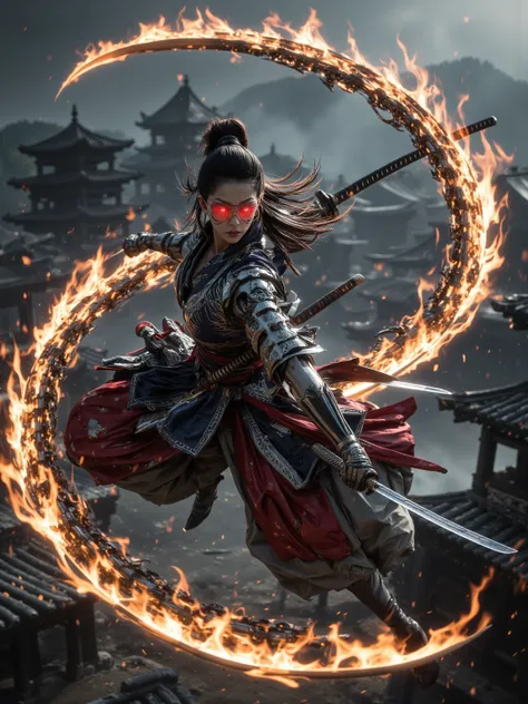 Samurai Woman，Skillfully used a double sword，Flame ring，Red-red Eyes，floating in the air，Historical Battlefield，martial arts。