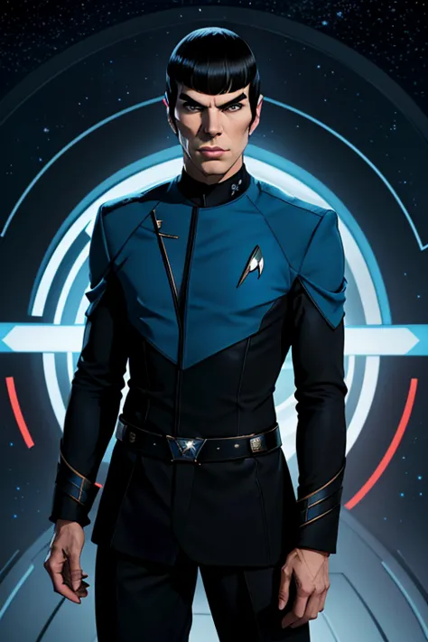 A portrait of "Star Trek's" Spock whose facial features are a combo of Ethan Peck + Zachary Quinto + Leonard Nimoy. Spock wears his TOS Starfleet uniform consisting of a blue shirt and black pants and black boots. "Star Trek" setting. Symmetrical eyes. Sym...