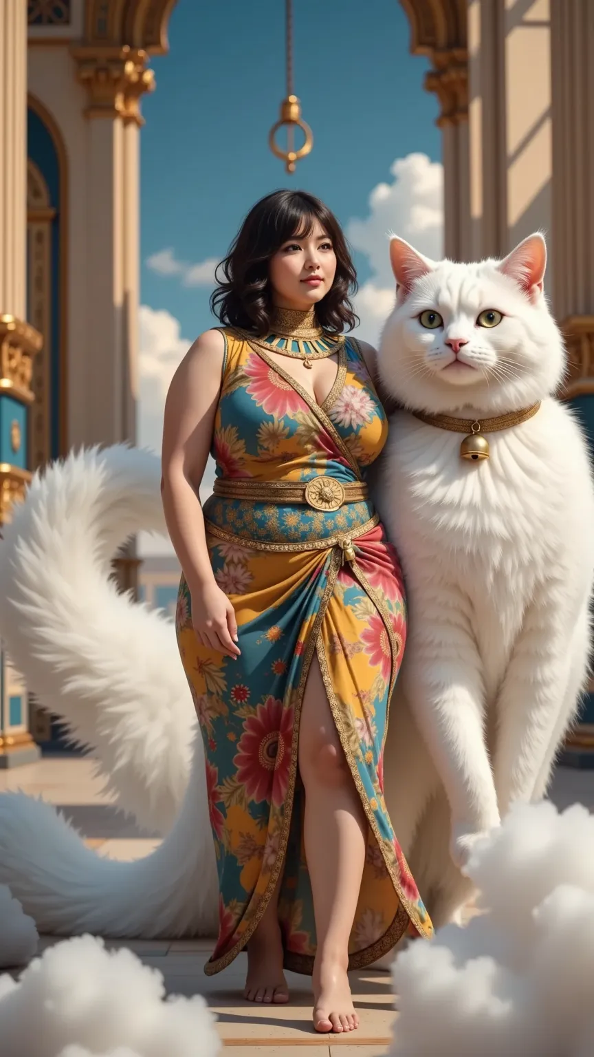 19th century，Cleopatra(((Fat，full， Curved Plus Size Body  )（ giant 胸部），Short hair is fluffy and slightly curly,wearing sexy Egyptian queen clothes(Turtleneck:1.2)（Cover bust，Don't miss your boobs， not to miss neck），clothes are decorated with various patter...