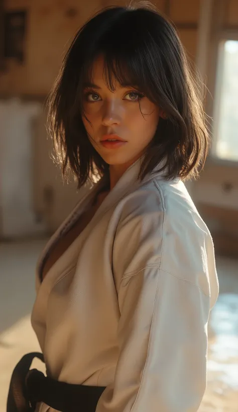 (Karate Uniform)Wearing(Sydney Sweeney), ((Big Breasts))、((( front open shirt))、(((Empty-handed)))、(    black hair)、(  Blunt Bang)、(  short hair)、(  wet hair)、(woman&#39;s karate  )、(( I Sweated))、( Glowing Skin )、((Serious))、((  blanking))、(((Karate Dojo)...