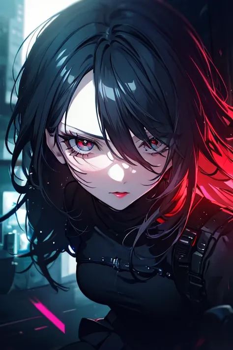 a woman with crimson red lips, black mini skirt, detailed face, intense eyes, long hair, beautiful detailed facial features, perfect skin, dramatic lighting, dark and moody atmosphere, cyberpunk aesthetic, neon city in background, high quality, 8k, photore...