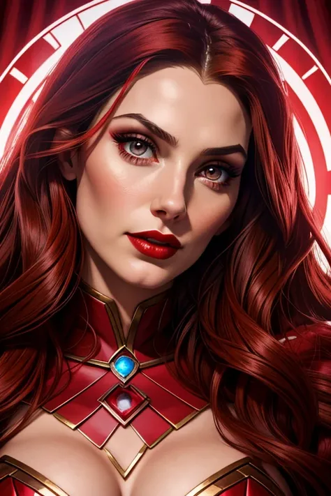 A portrait of a beautiful female whose facial features are a combo of Wanda Maximoff AKA Scarlet Witch + Melisandre. The female's hair is untied and hangs loose. The female has lovely makeup on her face. The female wears red lipstick. Symmetrical eyes. Sym...