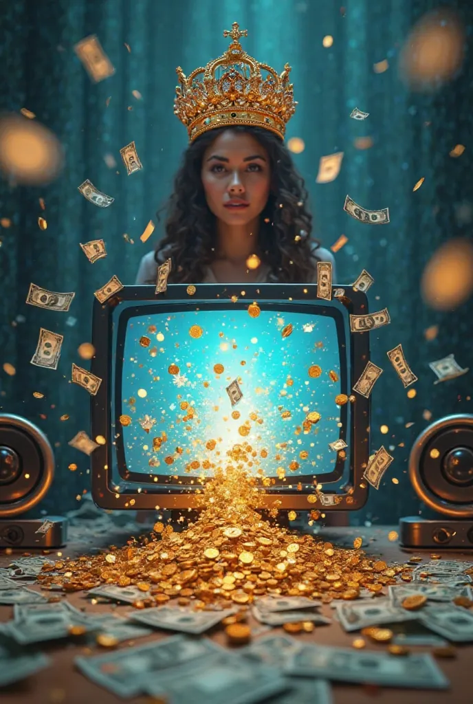 Create an image with money coming out of the computer and an individual with a crown in the background.