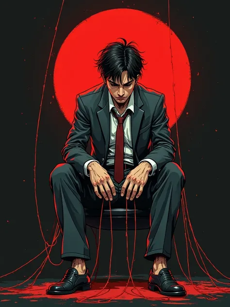 Illustration expression、Man in a dirty suit、There are threads connected to the hands and feet、4 strings extend from the top of the screen and connect to the hands and feet of an office worker、and I'm tired and sit flat、face down、Faces without energy、 dark ...