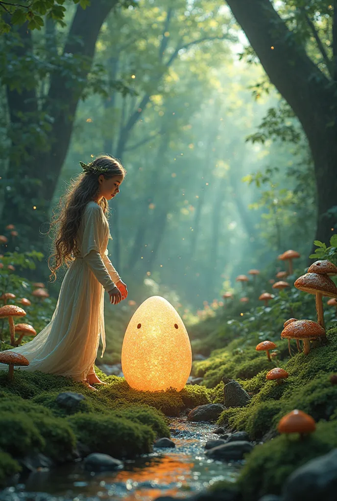 Picture of the magical forest goddess girl picking mushrooms picking mushrooms in the magic forest, she accidentally discovered a large glowing egg sparkling in the middle of the class