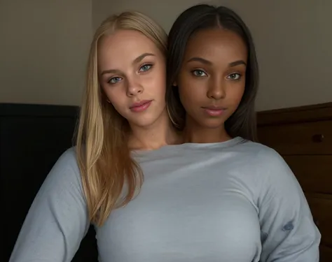 21-year-old dark skinned Nigerian woman named Biena and, her pale white Swedish lover with blonde hair named Estella, college sorority girls, (hugging each other tight, squishing their bodies together, slow dancing, hanging in her arms, flowing together), ...