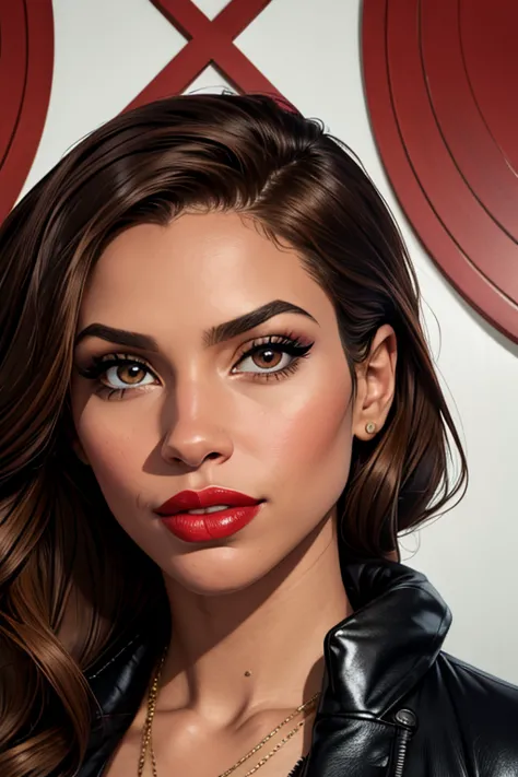 A portrait of a beautiful female whose facial features are a combo of Kara Royster + Juliana Harkavy + Jurnee Smollett. The female's hair is untied and hangs loose. The female has lovely makeup on her face. The female wears red lipstick. Symmetrical eyes. ...