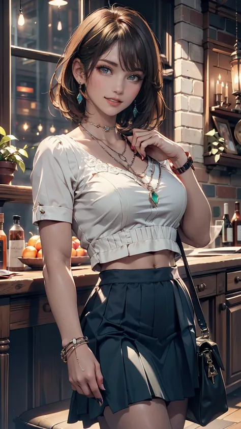 (TOP QUALITY,  masterpiece), 1 girl,  beautiful girl, brown_eye, ((hair color [エメラルドグリーン hair], [ pixie cut with a bang] hair)), earrings, lips, short sleeves to expose the penis,realistic,  thin waist,  charming,  Brilliant Makeup , long lashes for muscul...