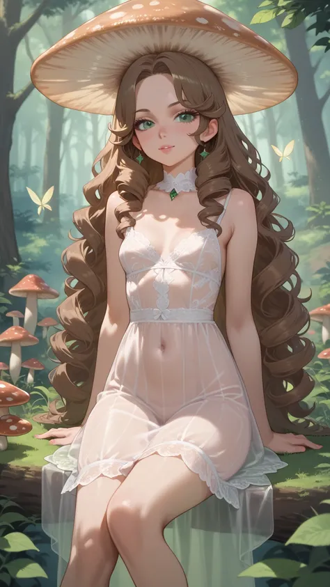 1 **** fairy girl, Anime style , very beautiful , sitting on mushroom, brown curly hair, very long hair, green eyes, small breasts, white see-through dress, highest quality, masterwork, fairytale forest as Background 