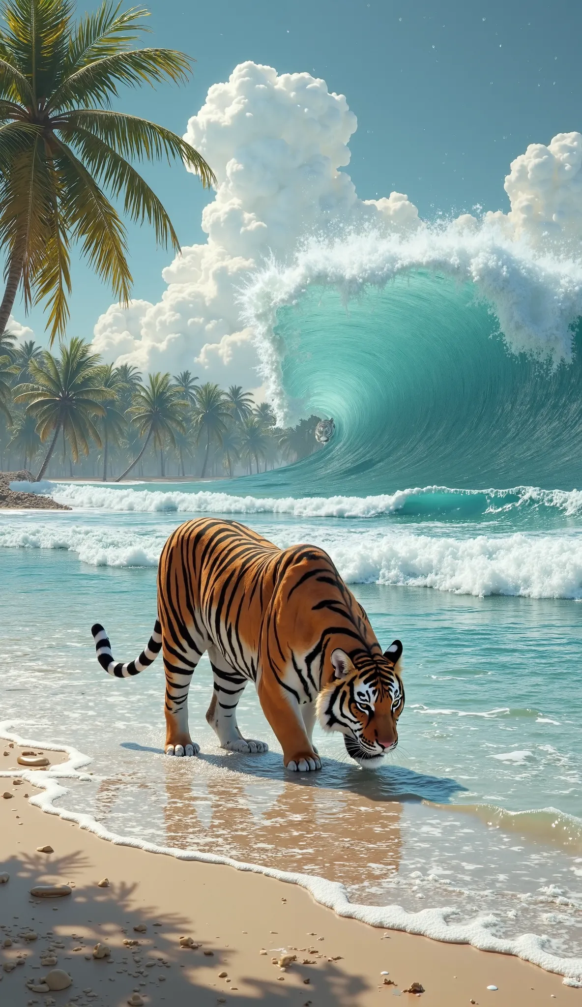 A tiger is drinking water after stepping into the sea. At that moment, a big wave is approaching. The sea water is blue, and there are many coconut trees on the shore.