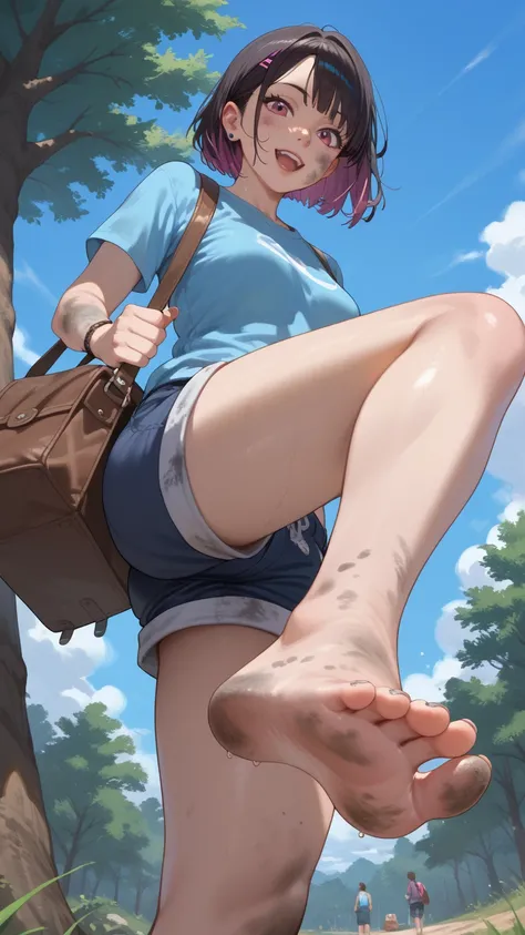 1girl, barefoot, solo, soles, tree, shorts, feet, foot_focus, from_below, open_mouth, day, blue_shirt, dirty, sky, outdoors, dirty_feet, asian, bag