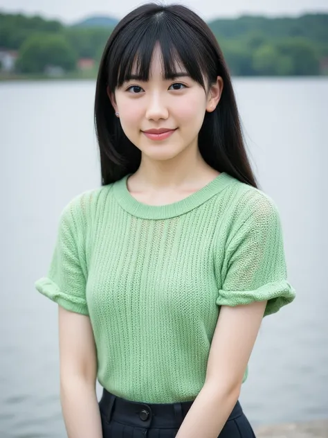 Wear a light green knit that fits your body perfectly at the lakeside、Showing side boob braces、The body faces the front and smiles slightly　ツインテールブレードの美しい25歳の black hairの女性,   "Flux" black hair,  long hair, 