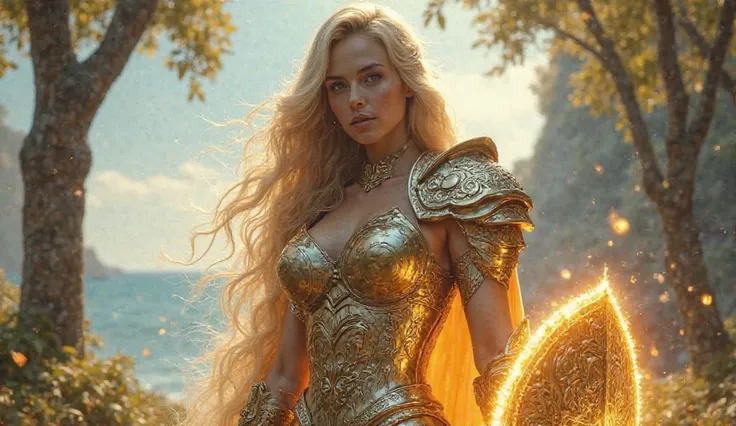 A powerful female warrior with long, flowing golden hair stands in a beautiful enchanted forest, where the trees have leaves made of silver and glowing light. She wears magnificent, radiant golden and silver armor adorned with intricate engravings that emi...