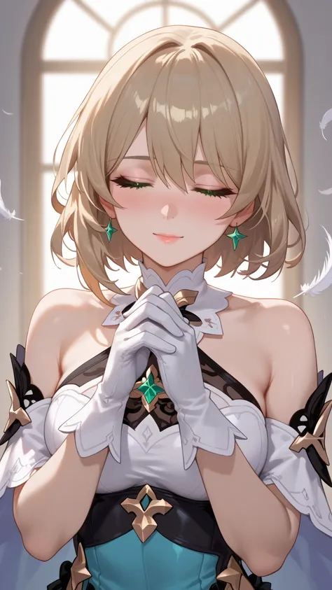 Masterpiece, best quality, very aesthetic, 1girl, Robin (Honkai: Star Rail), green eyes, blush, solo, falling feathers, hands clasped in a praying pose, eyes gently closed, serene expression, white gloves, soft lighting, ethereal atmosphere, feathers gentl...