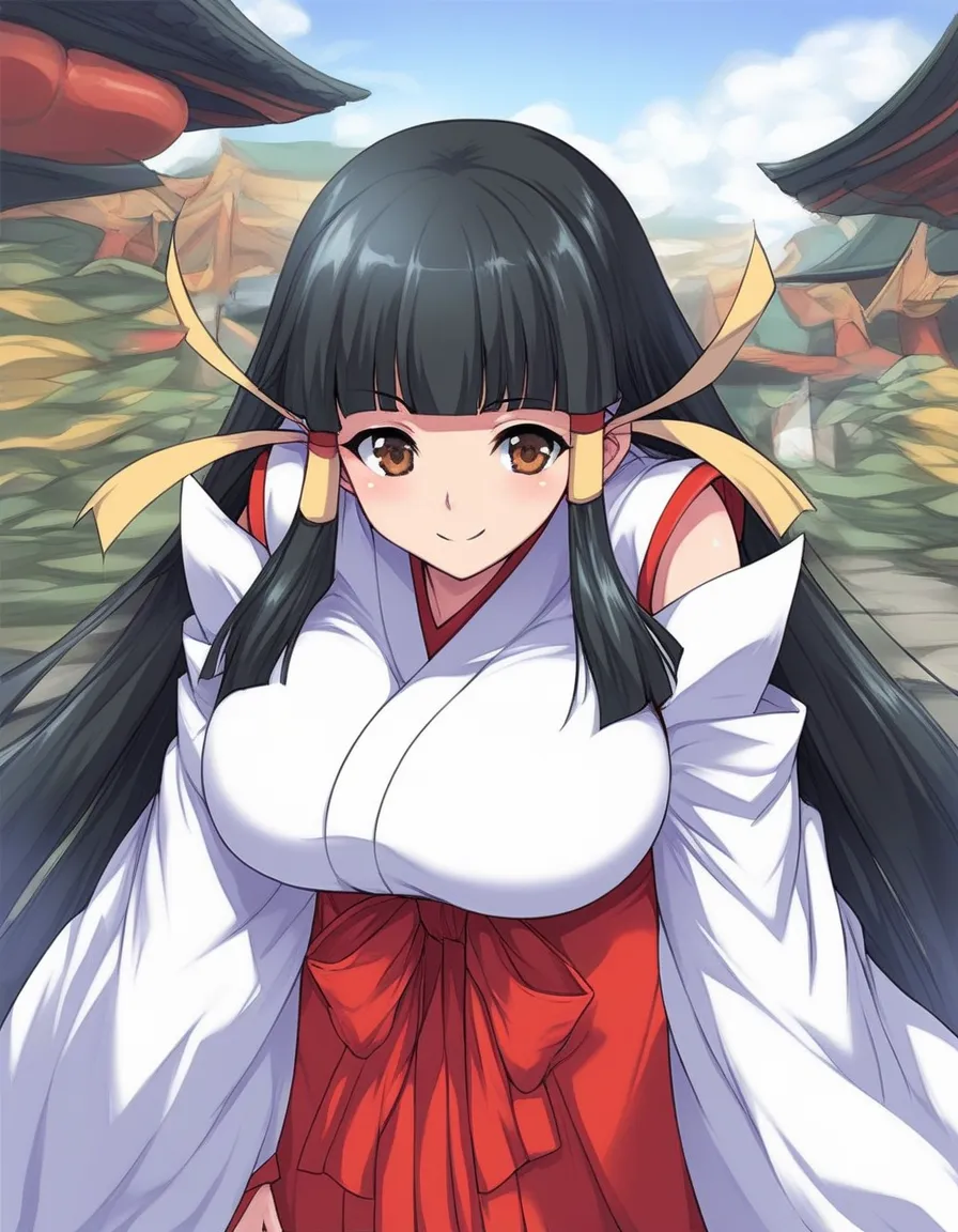 score_9, score_8_up, score_7_up, source_anime, rating_explicit, SFW, KasugaMaori, very long hair, black hair, huge breasts, hair ribbon, brown eyes, hair tubes, bangs,  hime cut,miko, japanese clothes,red hakama, skirt, hakama skirt, smile, blush, bending ...