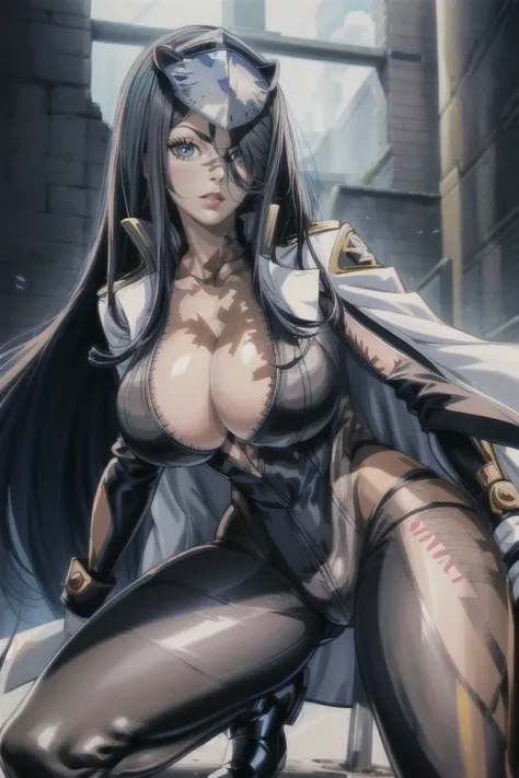 1woman, solo, (masterpiece, best quality:1.4), extremely detailed face, hyper detailed face, perfect lighting, nice hands, perfect hands, super fine illustration, pawoonekoyanagi, forehead plate armor, hair over one eye, very long hair, black hair, blue ey...