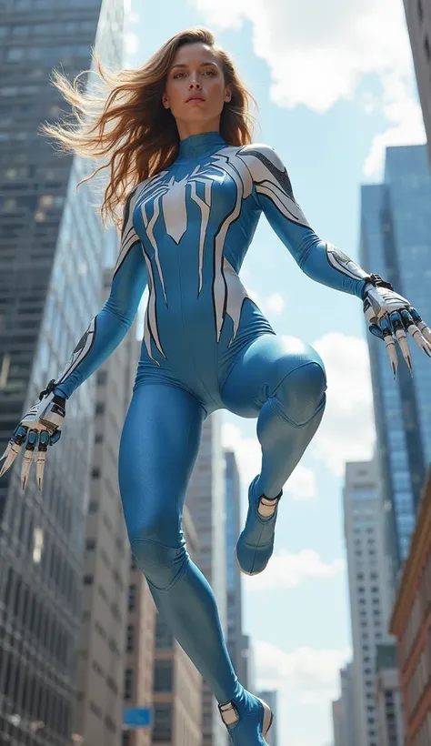 Realistic photograph of female Spiderman in a light blue and white suit 