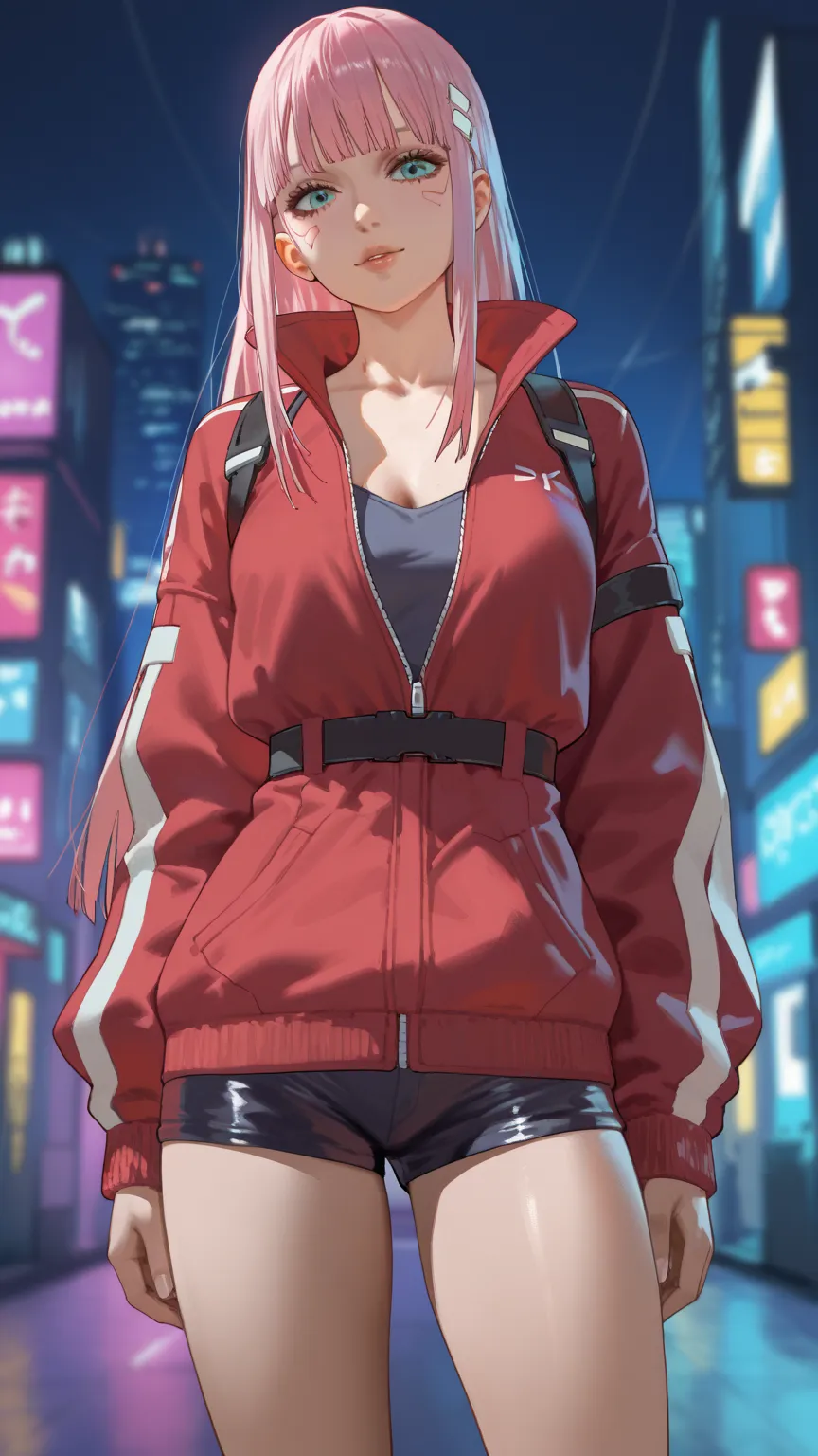  a girl, zero two,  cyberpunk style, diva virtua,  looking at the spectator, Anatomically correct, High resolution,  tall details , HD model,  High quality,  Anime style
