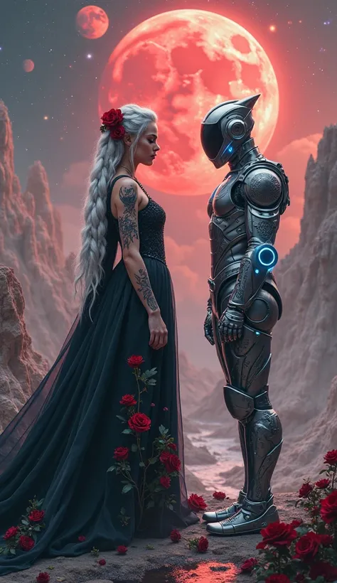 (Masterpiece, best quality, ultra-detailed, hyper-realistic, 8K, UHD)
A breathtaking cosmic fantasy scene featuring a celestial goddess and an interstellar warrior standing amidst a surreal, otherworldly landscape. The atmosphere is infused with cosmic mys...