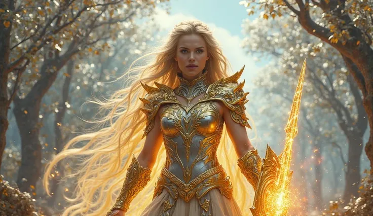 
"A powerful female warrior with long, flowing golden hair stands in an enchanted forest where the trees have leaves made of silver and glowing light. She wears magnificent golden and silver armor adorned with intricate glowing engravings, radiating divine...