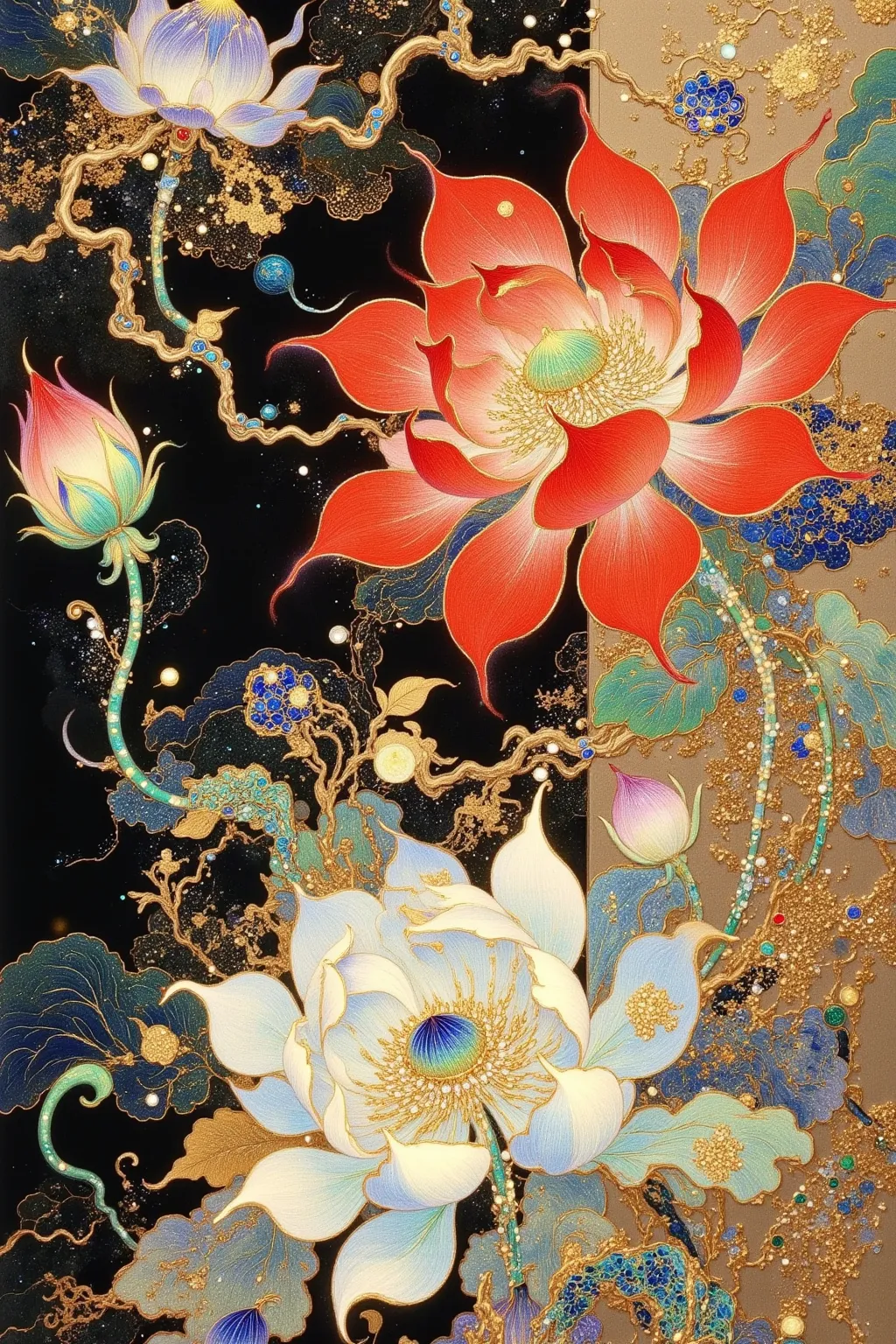 There is a painting of a building with a tower and flowers, An extremely detailed painting inspired by Yun Shouping,  is popular in the CG society , Cloisonnism, intricate detailed painting , Oriental Fantasy,  Oriental Wallpaper ,  Oriental Art Nouveau , ...