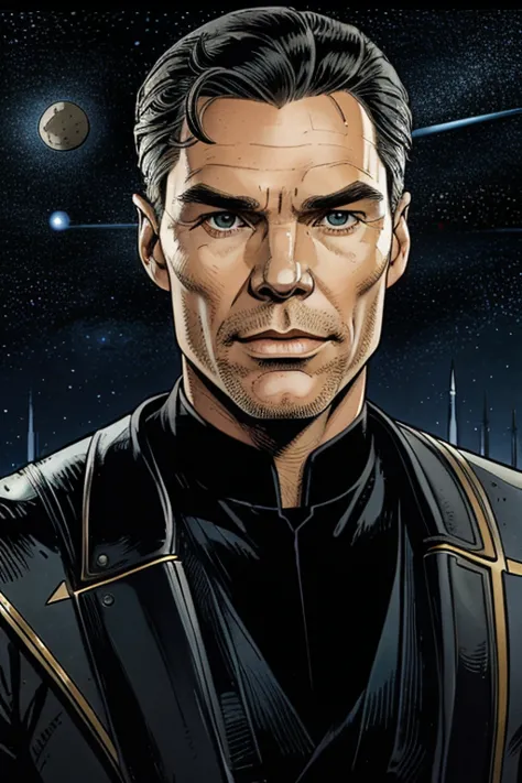 A portrait of "Star Trek's" Christopher Pike whose facial features are a combo of Anson Mount + Bruce Greenwood + Jeffrey Hunter. Pike wears a TOS-style Starfleet uniform consisting of a gold shirt and black pants and black boots. "Star Trek" setting. Symm...