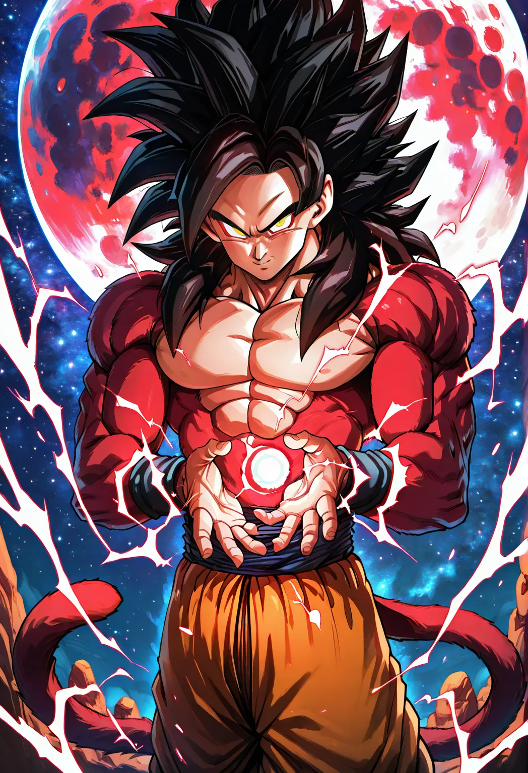 masterpiece, best quality,   zzGokuSSJ4, yellow eyes, black hair, spiked hair, super saiyan, body fur, red fur,  energy, aura, electricity, tail, wristband, pants, looking at viewer, cowboy shot, scifi background, giant moon, starry sky,  ,  