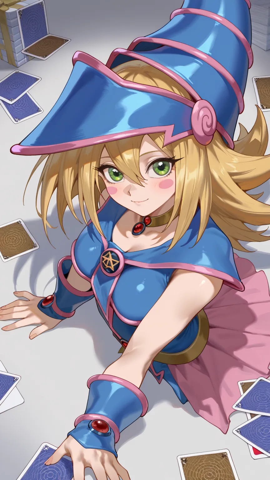 so aesthetic  ,   is ridiculous,Alone,Lots of cards\((Yu-Gi-Oh!:1.5)\) Lying in rows on the ground ,  1 girl\( Dark Magician Girl\(Yu-Gi-Oh!, Dark Magician Girl,   blonde hair ,  choker,  GREEN EYES,  long hair, ,  stickers\), cute poses dynamic poses,, cu...