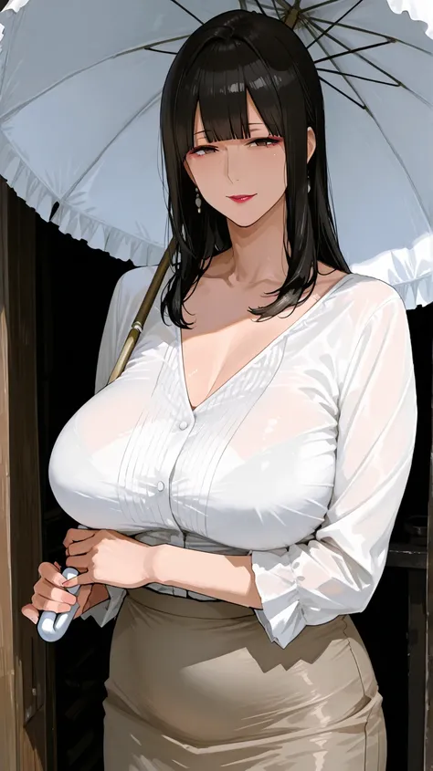 score_9, score_8_up , score_7_u p, ASCII masterpiece, source_anime,from front, BREAK mature woman ,(solo),mature, 50 year old mature woman,fully clothed,white blouse, skirt,parasol,is anatomically correct, perfect face,Beautiful, well-groomed eyes,auto act...