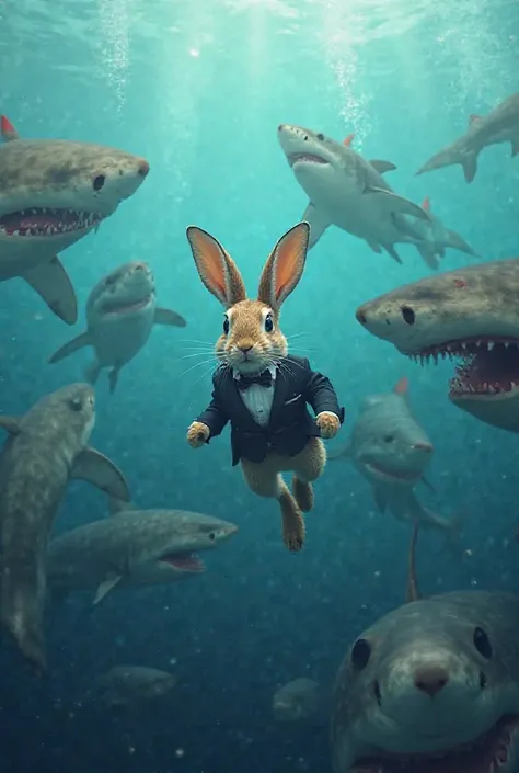 A rabbit swims in the sea where there are sharks with tuxedos or elegant suits, Are they sharks with fancy red clothes or red sharks with heart spots,  That looks real, realistic and not animated.