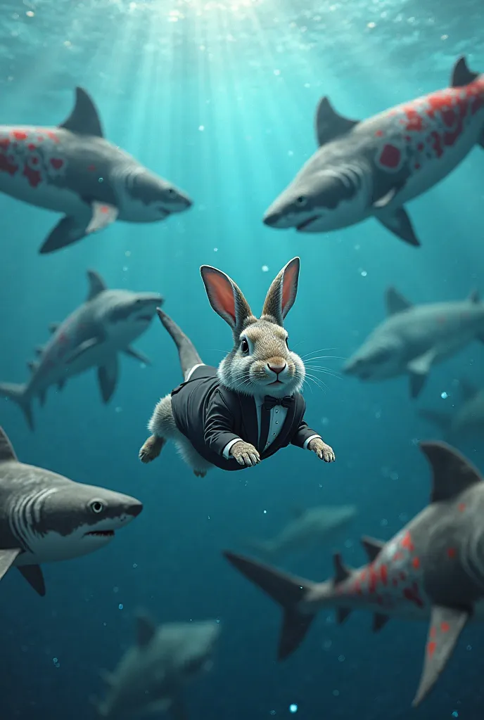 A rabbit swims in the sea where there are sharks with tuxedos or elegant suits, Are they sharks with fancy red clothes or red sharks with heart spots,  That looks real, realistic and not animated.