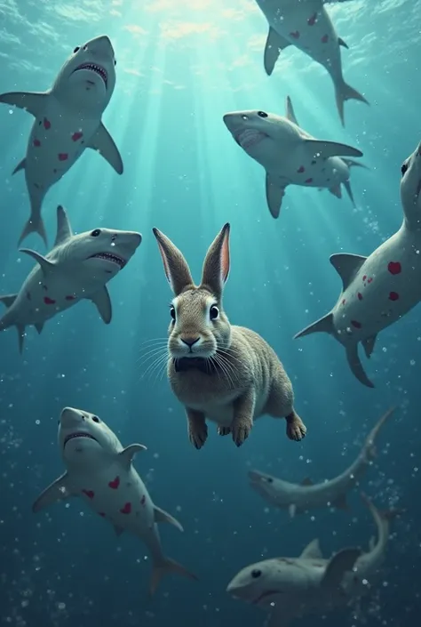 A rabbit swims in the sea where there are sharks with tuxedos or elegant suits, Are they sharks with fancy red clothes or red sharks with heart spots,  That looks real, realistic and not animated.