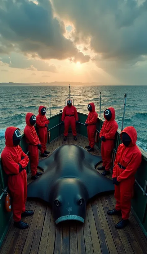 "A group of seven Squid Game guards, dressed in their iconic red jumpsuits and black masks with different shapes (circle, triangle, and square), standing on the deck of an old fishing boat in the middle of the ocean. They are positioned around a massive bl...