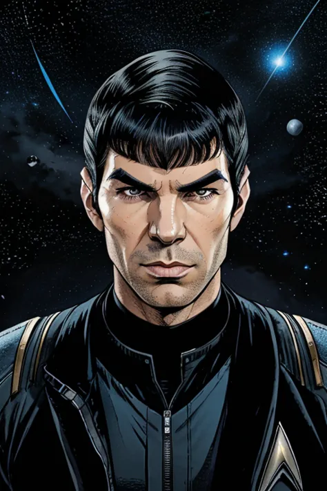 A portrait of "Star Trek's" Spock whose facial features are a combo of Ethan Peck + Zachary Quinto + Leonard Nimoy. Spock wears his TOS Starfleet uniform consisting of a blue shirt and black pants and black boots. "Star Trek" setting. Symmetrical eyes. Sym...