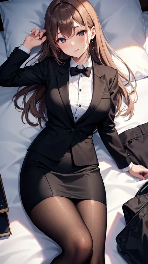 sexy older sister in a black business suit wearing a black tie　　 　　I'm wearing a black tie　black pencil skirt　Brown tights　A radiant smile　 high resolution　 high resolution　 sleeping on the bed