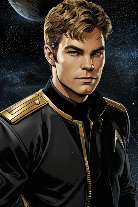 A portrait of "Star Trek's" James T. Kirk whose facial features are a combo of Paul Wesley + Chris Pine + William Shatner. Kirk wears his TOS Starfleet uniform consisting of a gold shirt and black pants and black boots. "Star Trek" setting. Symmetrical eye...