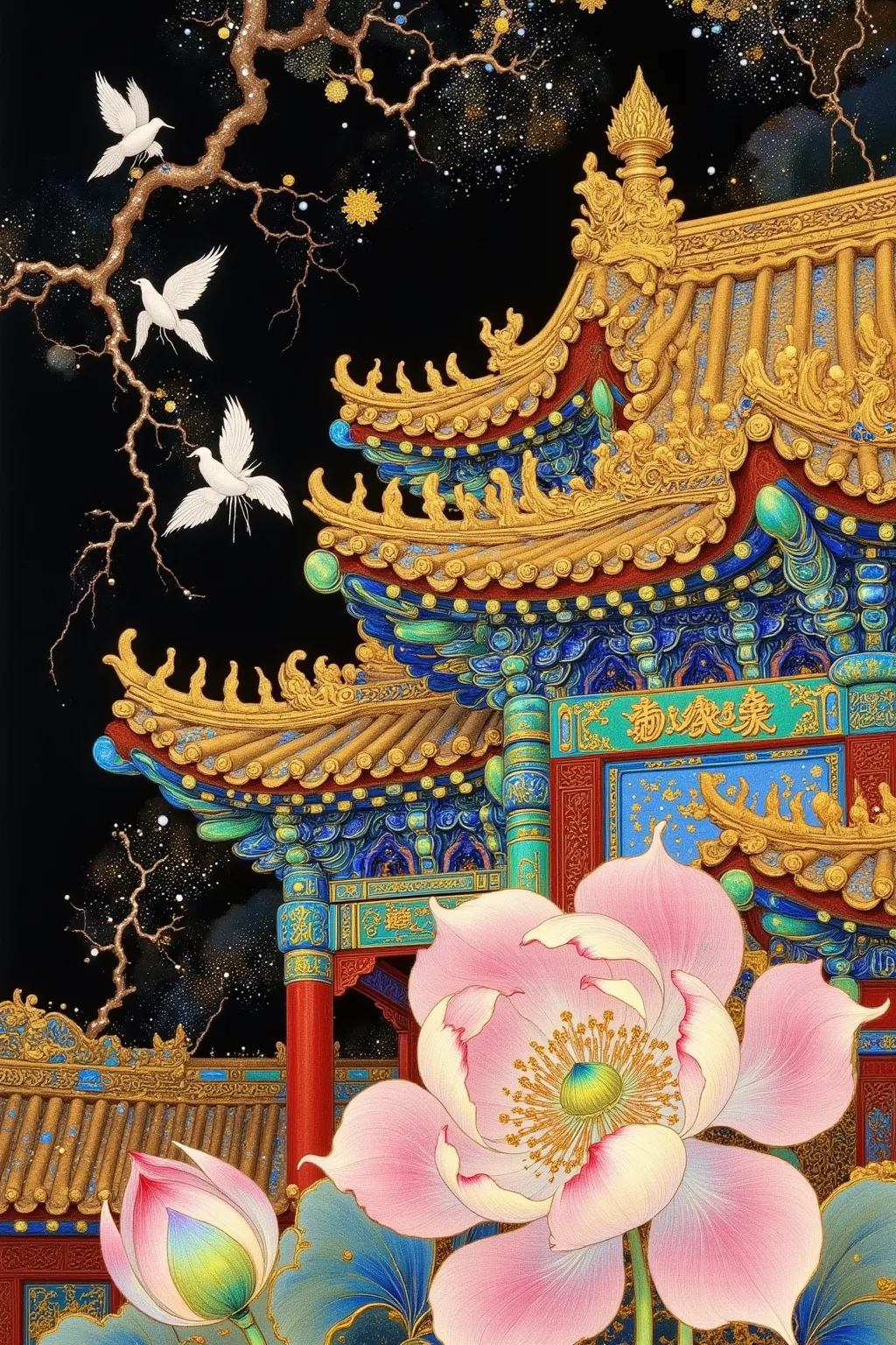 There is a painting of a building with a tower and flowers, An extremely detailed painting inspired by Yun Shouping,  is popular in the CG society , Cloisonnism, intricate detailed painting , Oriental Fantasy,  Oriental Wallpaper ,  Oriental Art Nouveau , ...