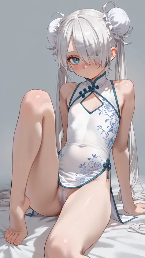 bun hair for your toes, twintail, white China dress, (flat chest:1.3), Blushing、To blush、Thick eyes, white hair, long hair, hair over one eye, messy hair, solo