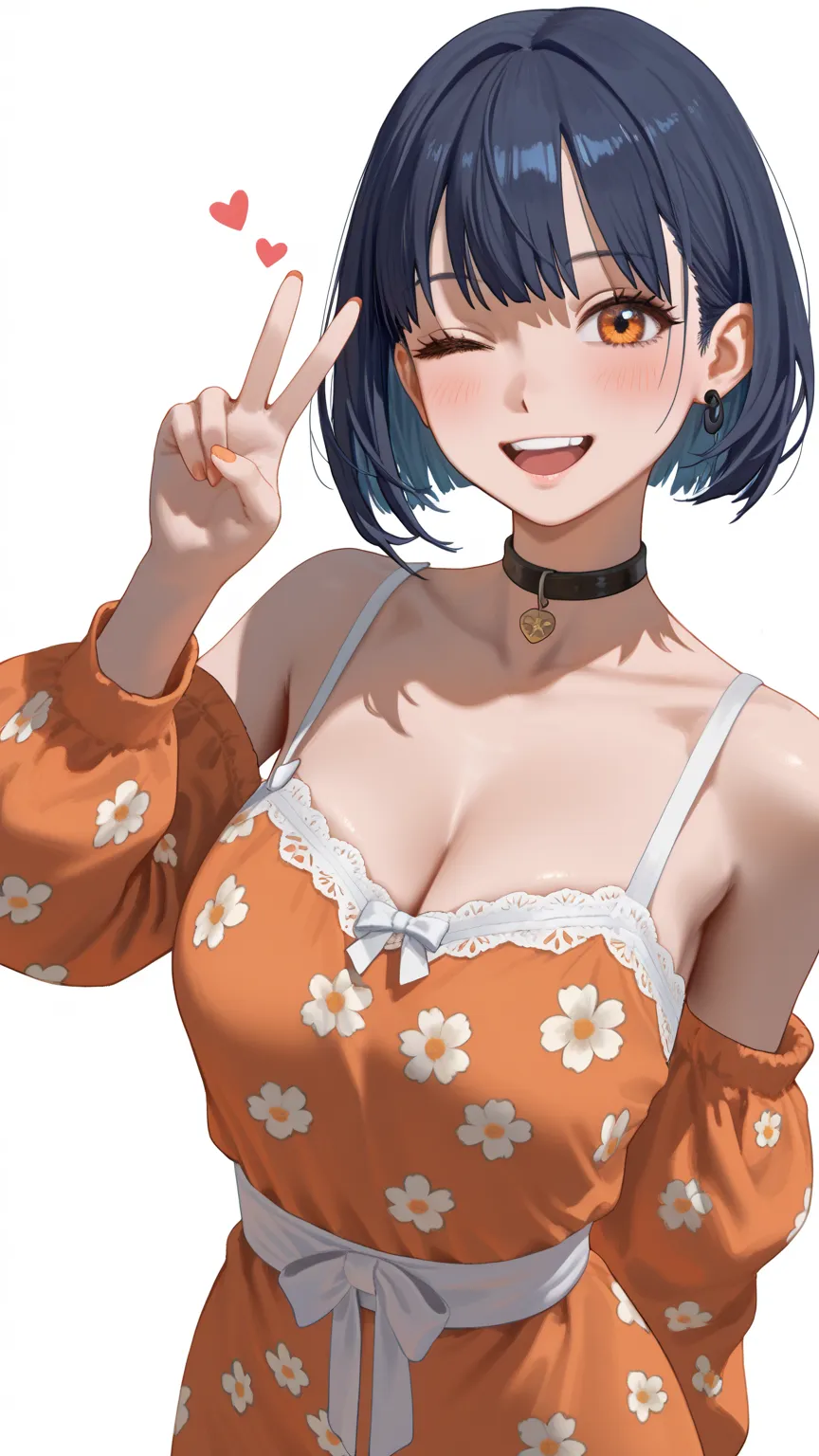 female, cute, sexy, white background, standing up straight, wearing a chocker, short hair, dark blue hair, bangs brushed to one side, orange eyes, wearing a cute summer dress with flower patterns on it, B- cup breasts, happy, 4k, high render, 3d model, pea...